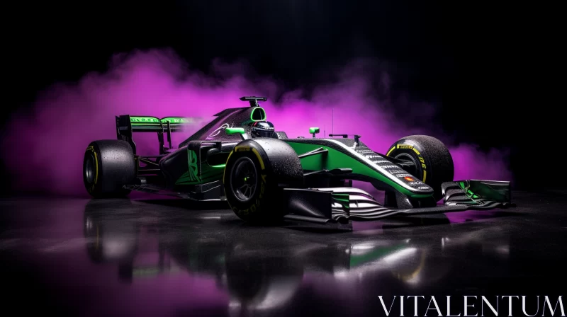 Vibrant Green Formula One Car in Purple Smoke - New Fauve Style Artwork  - AI Generated Images AI Image
