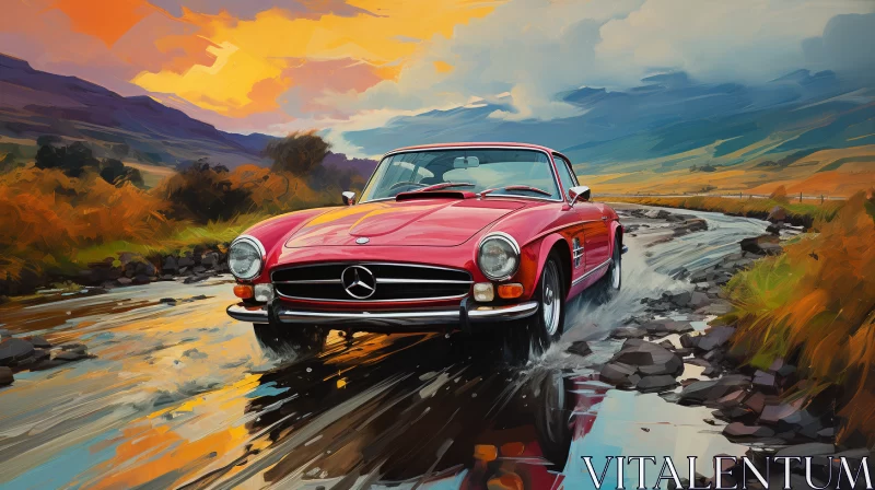 Vintage Car Journey in Light Crimson - Traditional Oil Painting - AI Art images AI Image