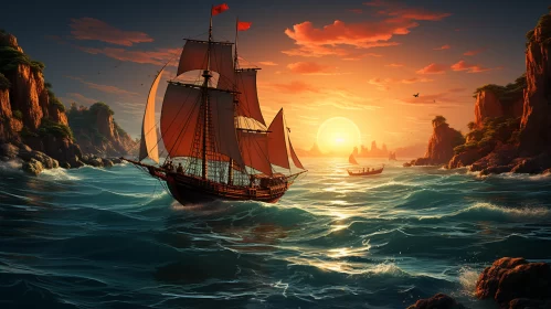 Historic Ship Sailing at Sunset, Ocean and Cliff Scene AI Image