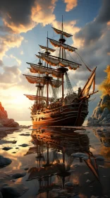 Historical Pirate Ship on Rocky Coastline in Warm Glow AI Image