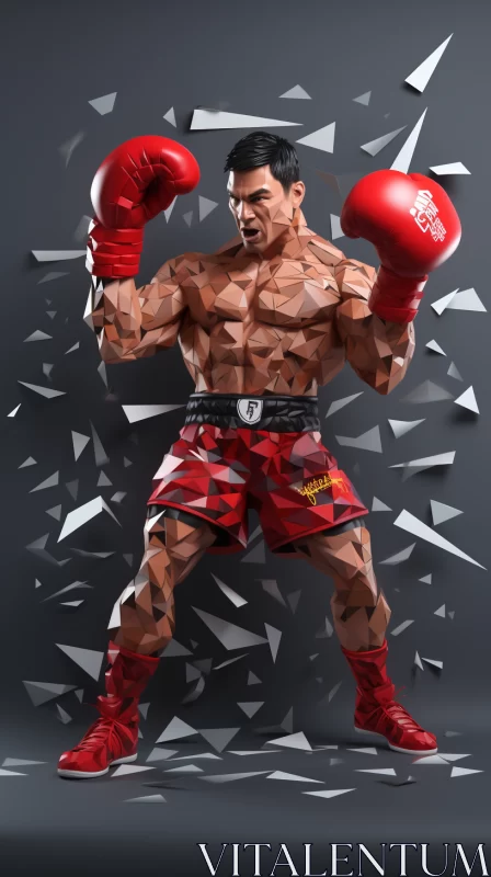 Dynamic Polygonal Kung Fu Boxer in Red and Grey AI Image