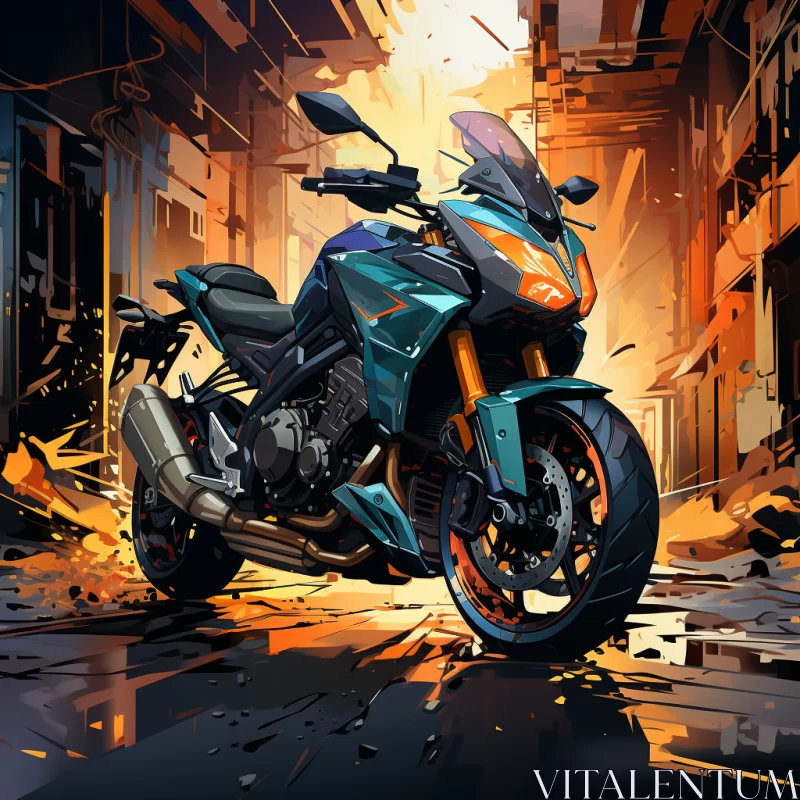 Fiery Urban Alleyway Scene with Dark Cyan Motorbike Illustration AI Image