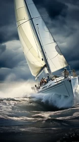 High-Detail Image of White Sailboat in Tumultuous Sea AI Image
