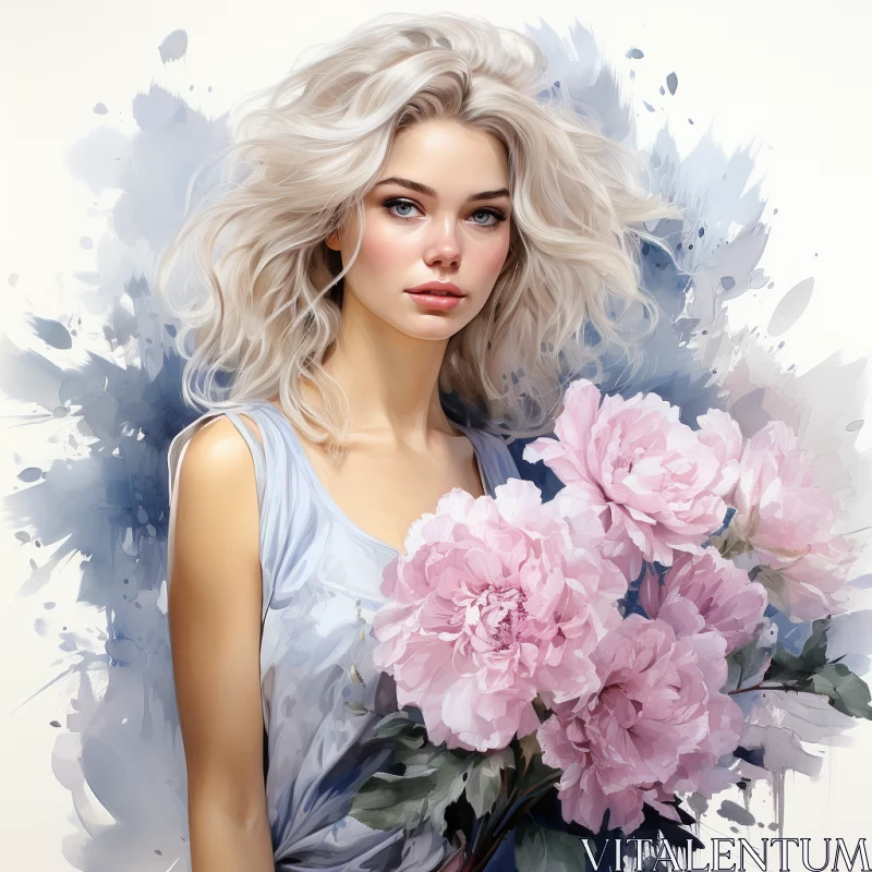 Neo-Romantic Portrait of Elegant Woman with Bouquet in Delicate Watercolor Style AI Image