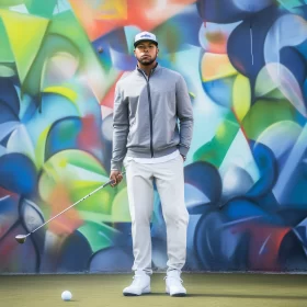 Urban Sports Image with Golfer Posing Against Graffiti Wall AI Image
