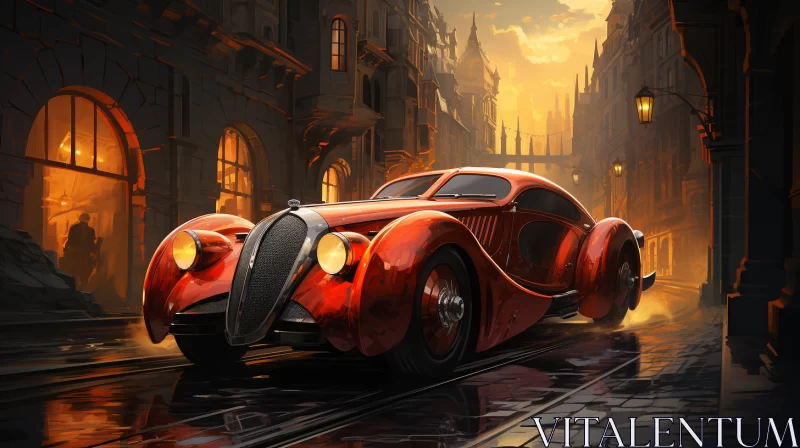 Classic Victorian Red Car in Dieselpunk City - AI Art images AI Image