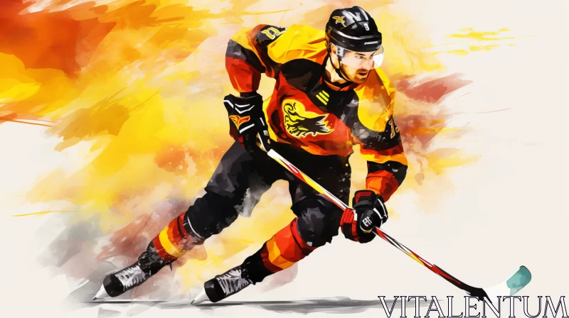 Fiery Hockey Player Digital Art: A Blend of Shang Dynasty, Germanic Art, and Dragoncore AI Image