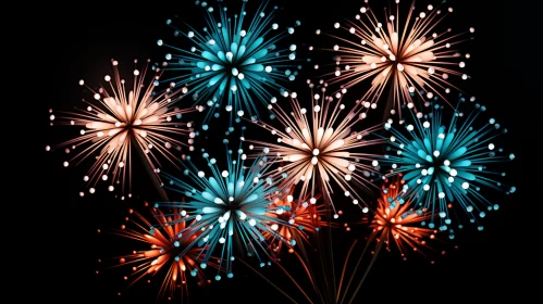 Fireworks Display in Blue and Orange - Digitally Enhanced Bloomcore Style AI Image