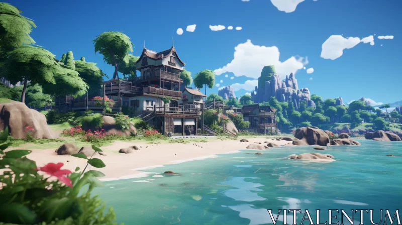 Tropical Island Village with Oriental Architecture and Seapunk Elements AI Image