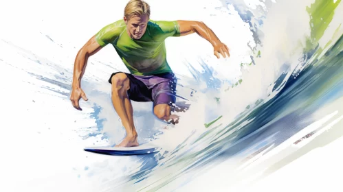 Dynamic Surfing Image Blending Realism and Bold Watercolor Hues, Emphasizing Functionality and Joint AI Image
