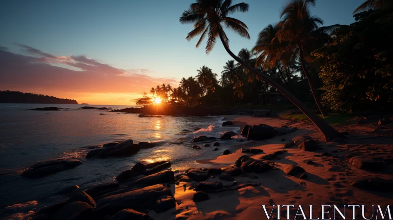 Romantic Beach and Ocean Sunset Amidst Palm Silhouettes AI Image