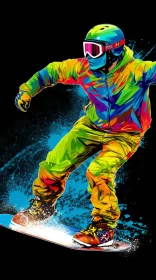 Vibrant Pop Art Snowboarder Image in Neon Hues and Acrylic Colors AI Image