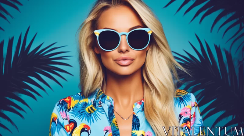 Exotic Fashion: Woman in Sunglasses and Floral Shirt AI Image