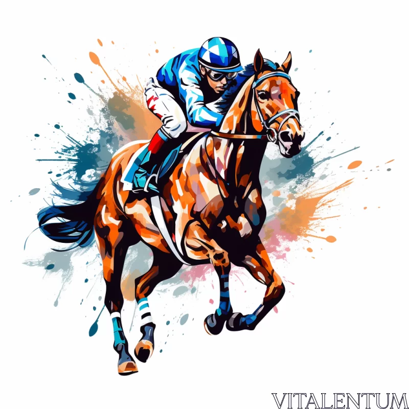 Modern Ink Painting of Jockey & Black Horse in Mid-Race AI Image