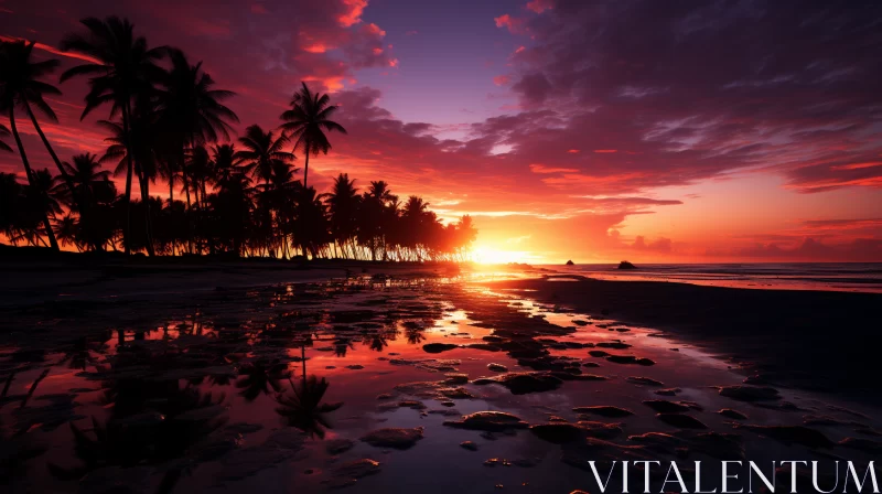 Tranquil Tropical Beach Sunset Render with Vibrant Color Palette AI Image