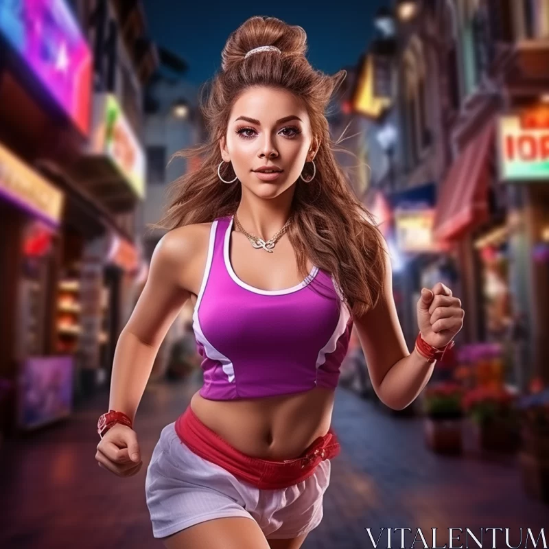 Athletic Woman in Neon City Streets - Thai Art Inspired Night Scene AI Image