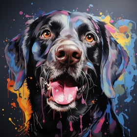 Colorful Drip-Painted Black Dog Portrait on Smokey Background