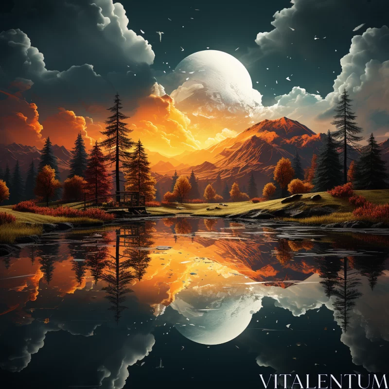 Ethereal Night Scene with Moonlit Lake and Mountain Wilderness AI Image