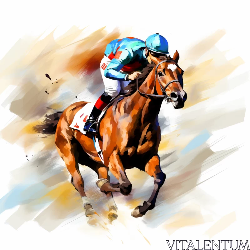 Vibrant Painting of Jockey & Horse Race, Merging Traditional and Digital Art Techniques AI Image
