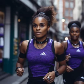 Afro-Caribbean Women Sprinting in Urban Decay, Displaying Strength in Sportswear AI Image