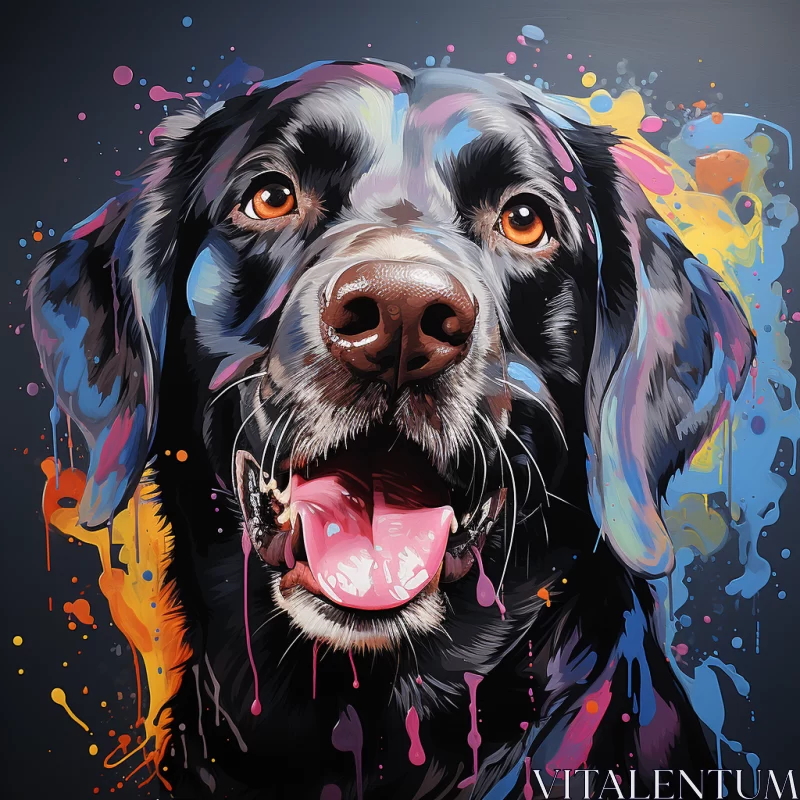 Colorful Drip-Painted Black Dog Portrait on Smokey Background AI Image