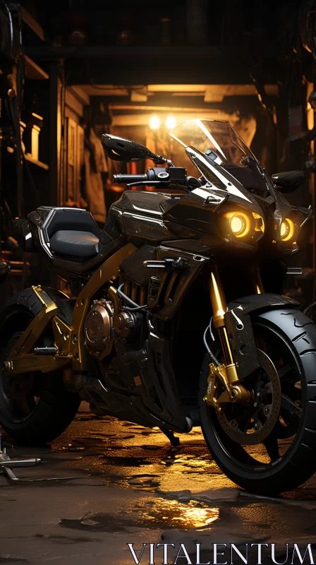 Futuristic Gold-Black Motorcycle in Soft Light Garage AI Image