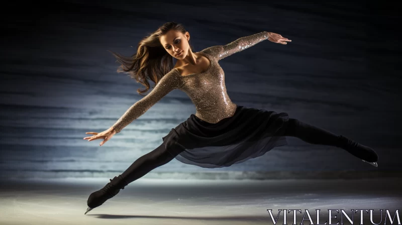 Graceful Figure Skater on Ice Rink with Sabattier Effect AI Image
