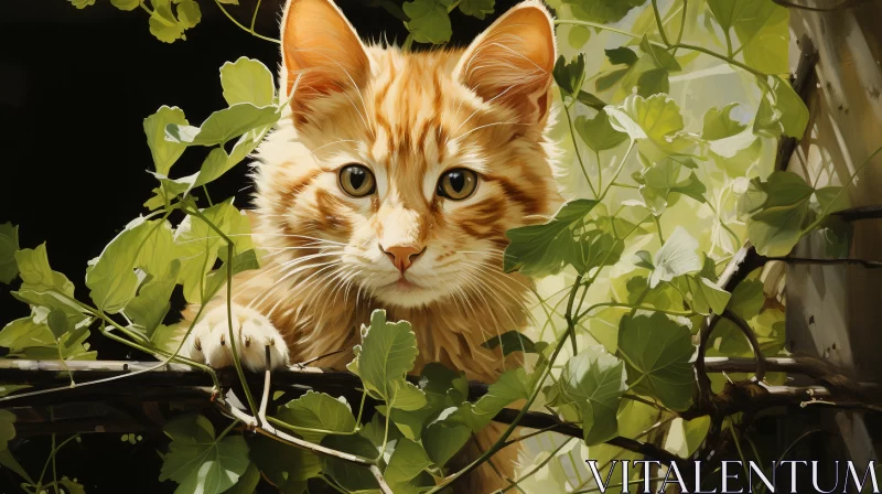 Intricate Foliage with Playful Orange-Striped Feline AI Image