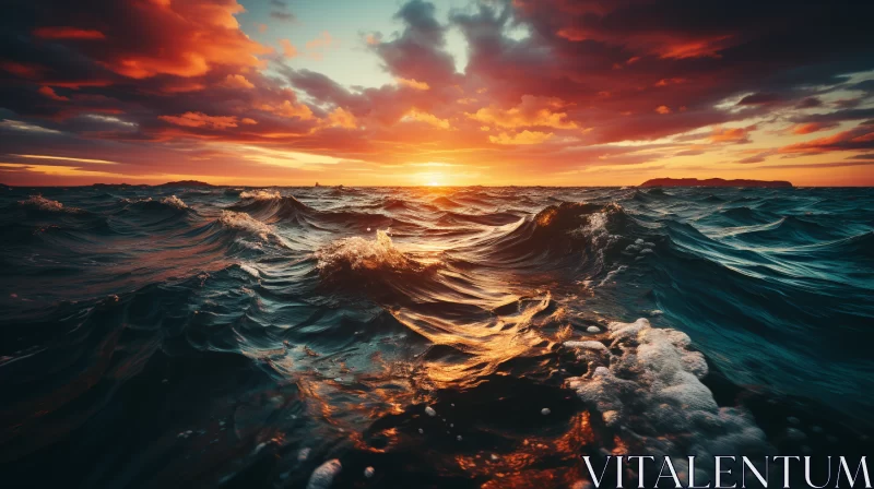Stormy Ocean Under Setting Sun: A Surreal Atmospheric Illustration AI Image