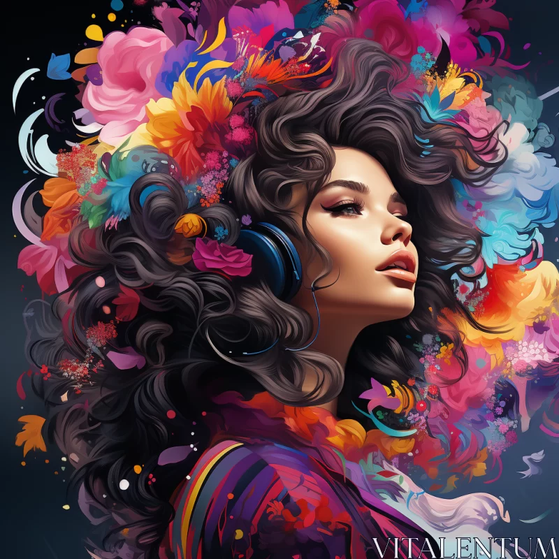 Abstract Artwork of Woman with Headphones and Floral Adornments AI Image
