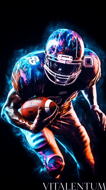 AI ART American Football Player Amidst Fiery Backdrop in Electric Purple and Amber Tones
