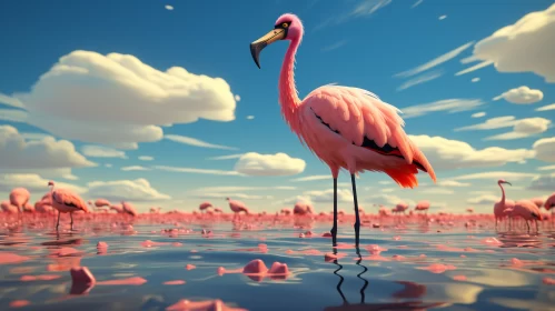 Realistic Flamingo Standing in Water Against Cloudy Sky AI Image