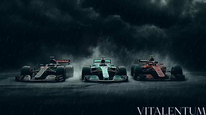 Stormy Night Race: Emerald & Crimson Scene with Three Speeding Cars  - AI Generated Images AI Image