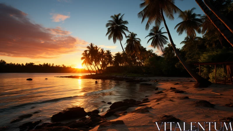 Tropical Sunset Over Serene Beach with Palm Tree Silhouettes AI Image