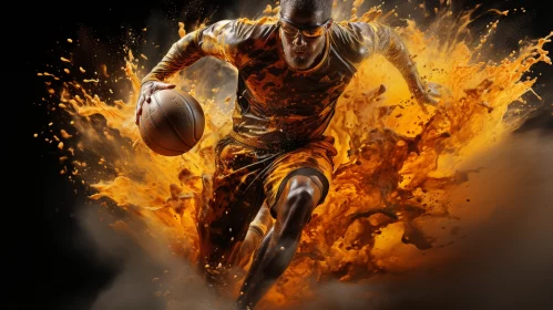 Vivid Sports-Themed Image of Player with Flaming Ball AI Image