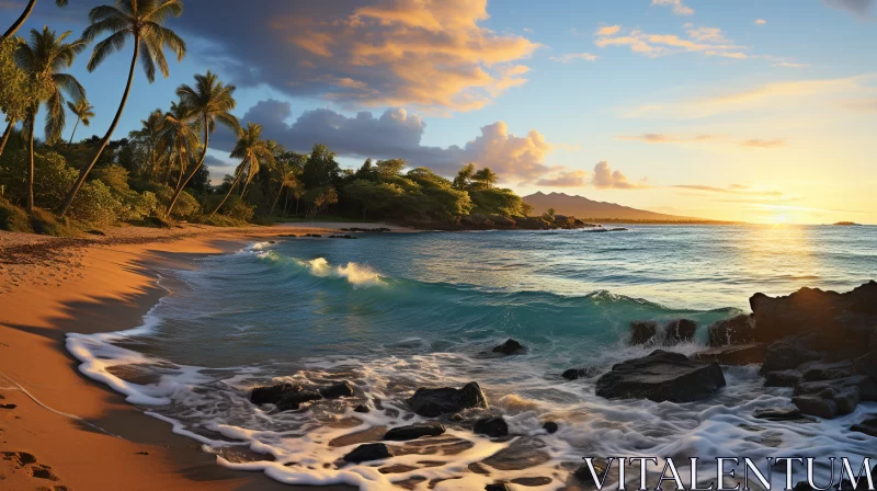 Azure Wave Crashing on Tranquil Beach with Golden Sky AI Image