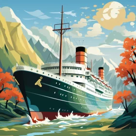 Vintage Cruise Ship Poster in Lush Mountain Landscape AI Image