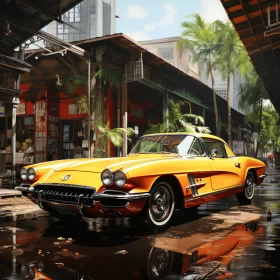 Yellow Chevy Coupe in Rain - American Modernism and Matte Painting - AI Art images AI Image
