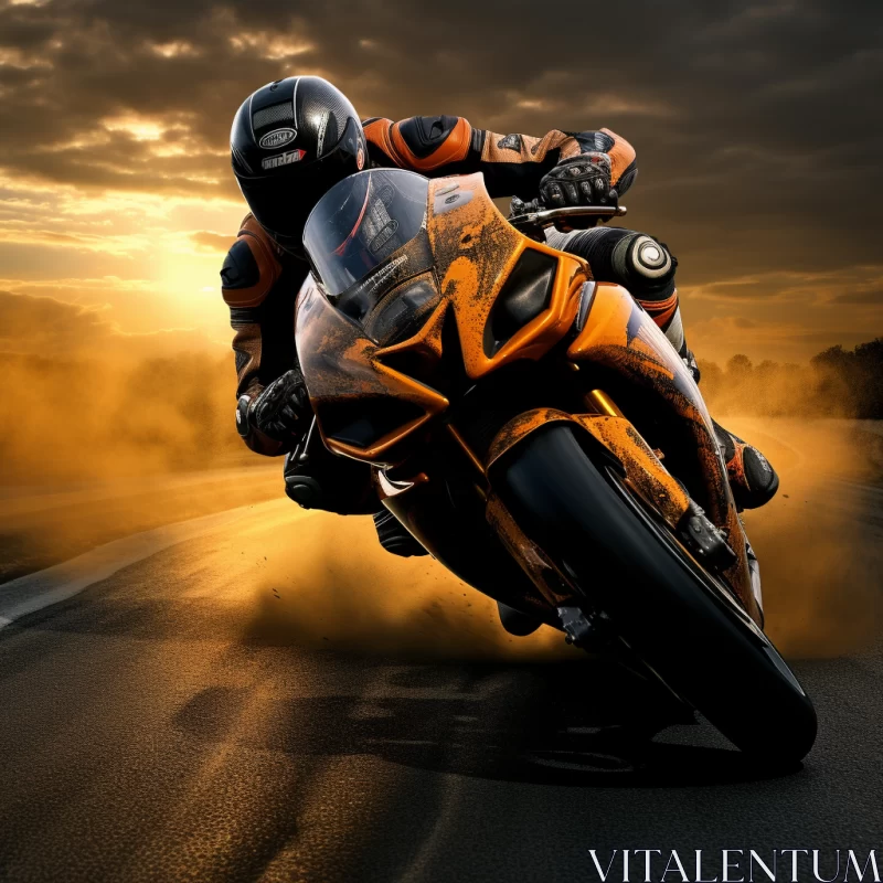 High-Quality Motorcycle Rider Image under Vibrant Orange Sky AI Image
