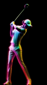 Impressionistic Neon Golfer Digital Art with High Contrast and Double Exposure AI Image