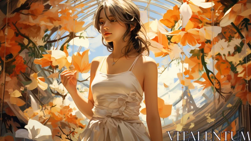 Mingei-Anime Fusion Art: Girl in Sunlit Blooming Garden AI Image
