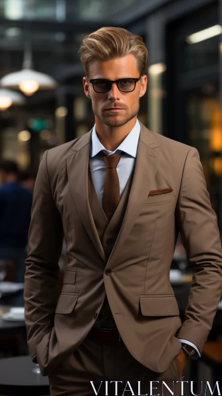 Urban Sophistication: Man in Tailored Suit at Elegant Restaurant AI Image