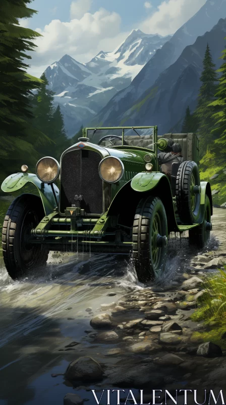 Vintage Green Car Crossing River - Swiss Realism Art Style - AI Art images AI Image