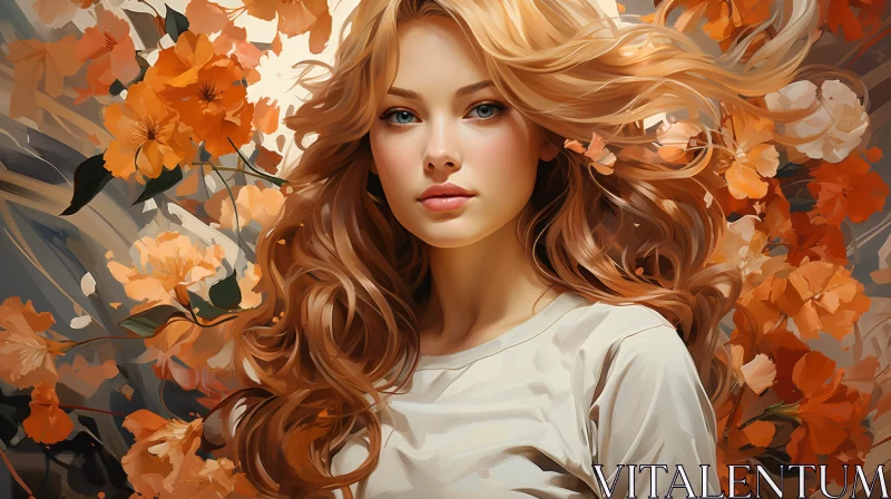 Autumn-Hued Portrait of a Young Woman with Floral Accents in Precisionist Art Style AI Image