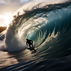 Breathtaking Oceanic Scene: Surfer Commanding Formidable Wave at Sunset, Dramatic Light Play, High-R AI Image