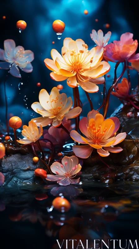 Enchanting Floral Display in Surrealistic Water Landscape AI Image