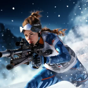 Spirited Woman in Sled Gear Aiming Rifle in Snow AI Image