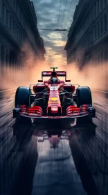 Sunset Glow over a Racing Ferrari F1 Car in a Cityscape  - AI Generated Images AI Image