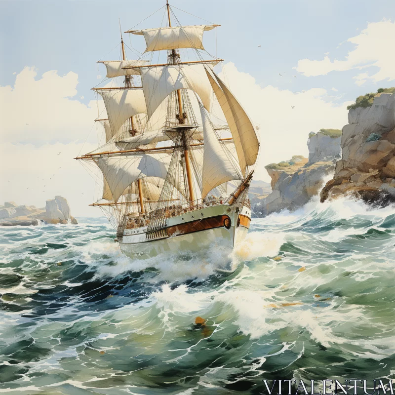 18th Century Styled Sailing Ship in Tempestuous Sea Painting AI Image