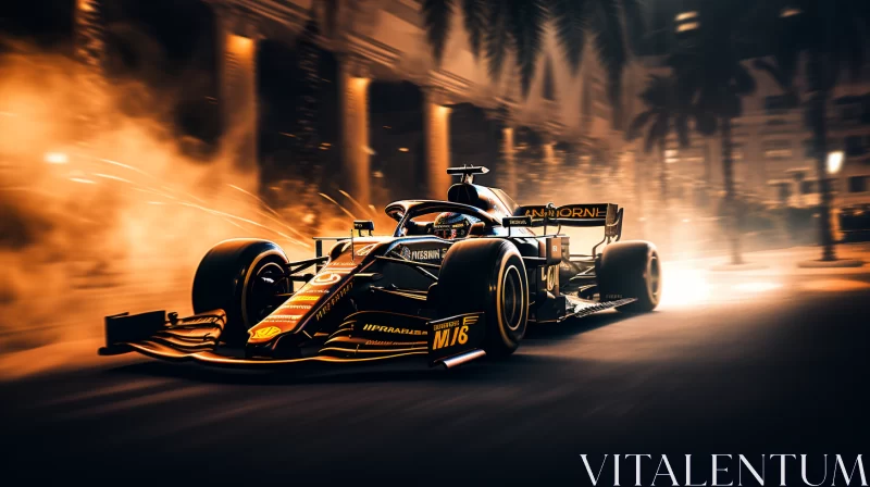 Black and Gold Racing Car in Motion at Night Against Urban Architecture  - AI Generated Images AI Image